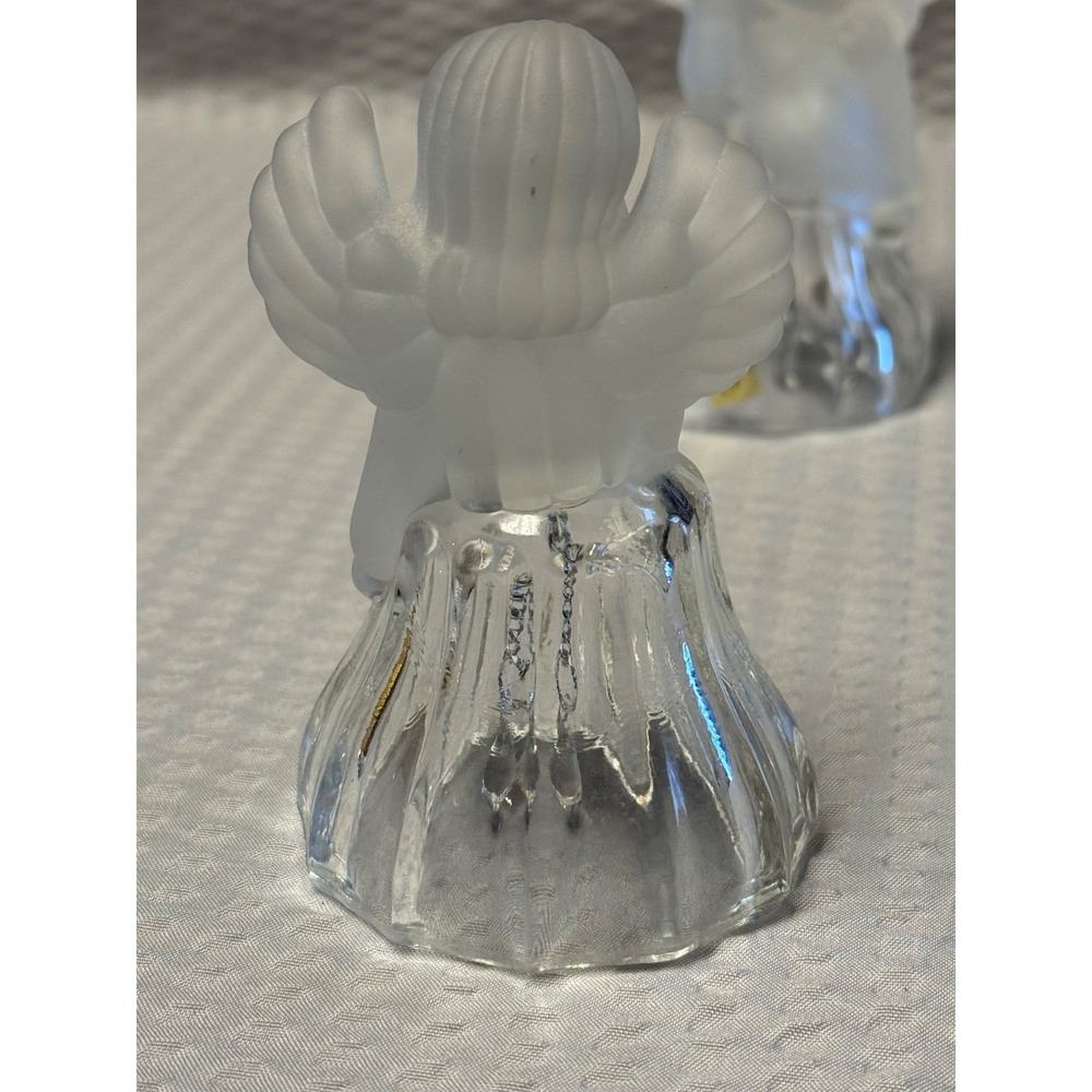2 Goebel Bell Glass Angel Frosted Satin Sitting On Clear Bell 24%‎ Lead Crystal - Picture 8 of 16